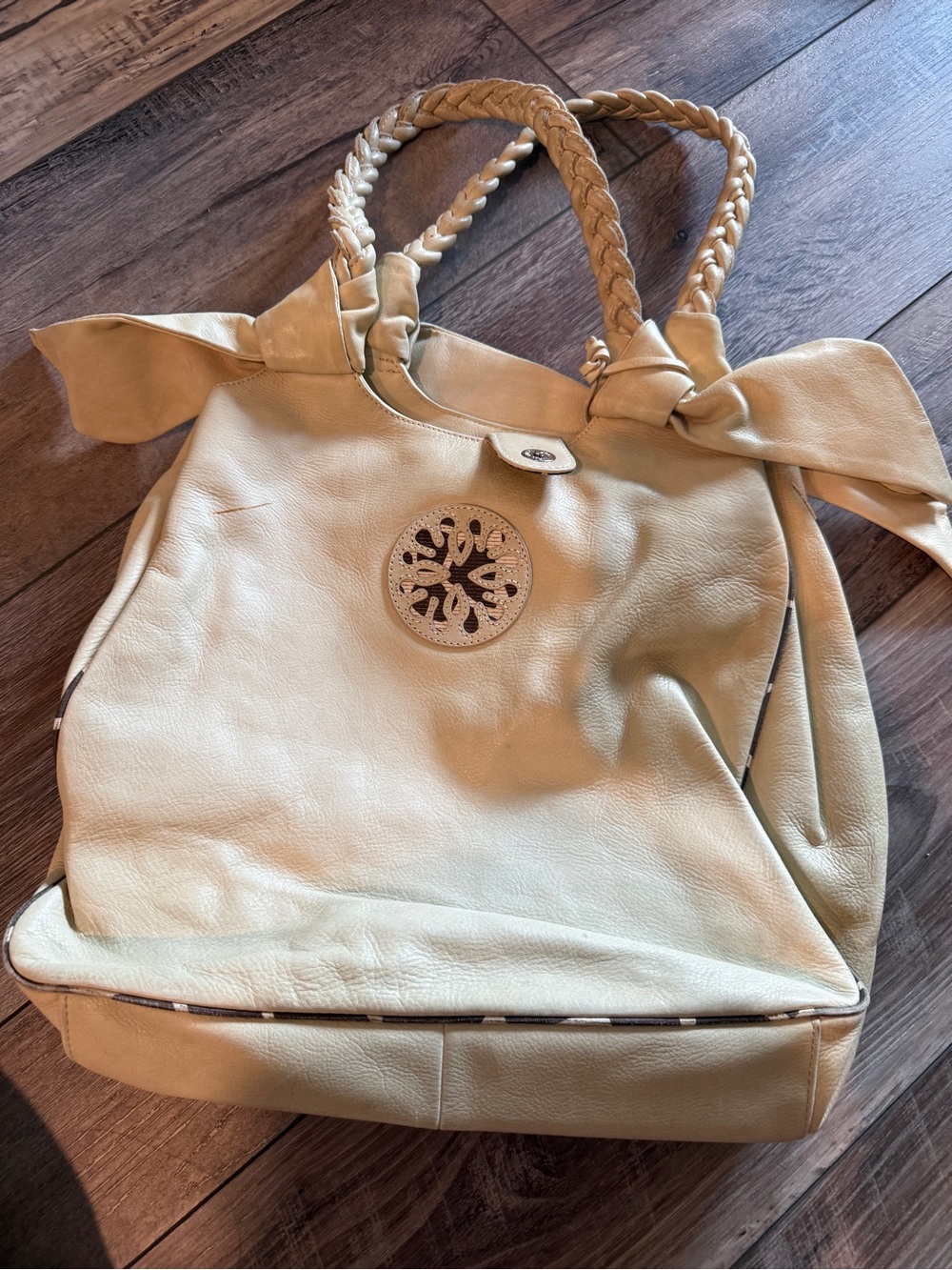 Audrey Brooke Cream Braided-Handle Tote with Medallion Detail